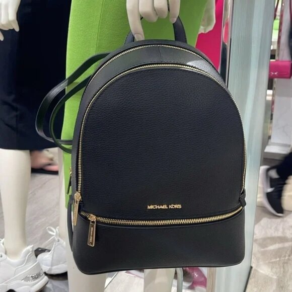 Michael Kors Rhea Medium Pebble Leather Backpack Bag Black - Picture 1 of 7
